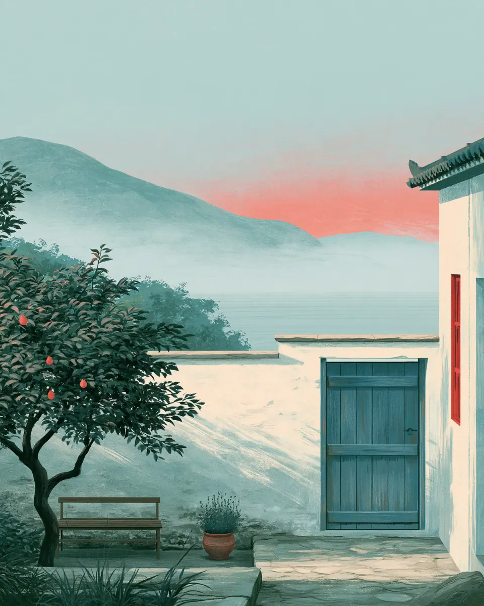 A garden behind a white wall with a closed blue gate, misty hills and the sea beyond.