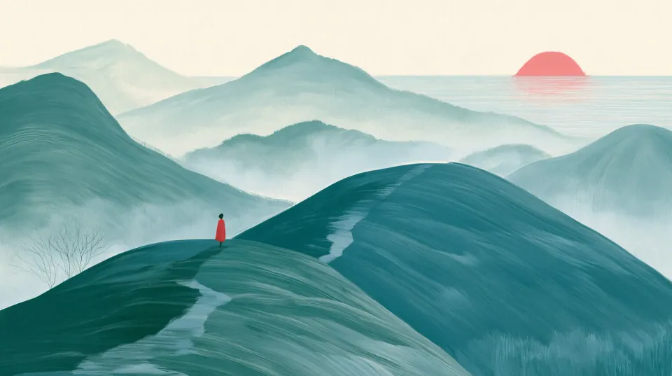 A tiny figure in a red coat walks a path over teal hills towards the sea and the rising sun.