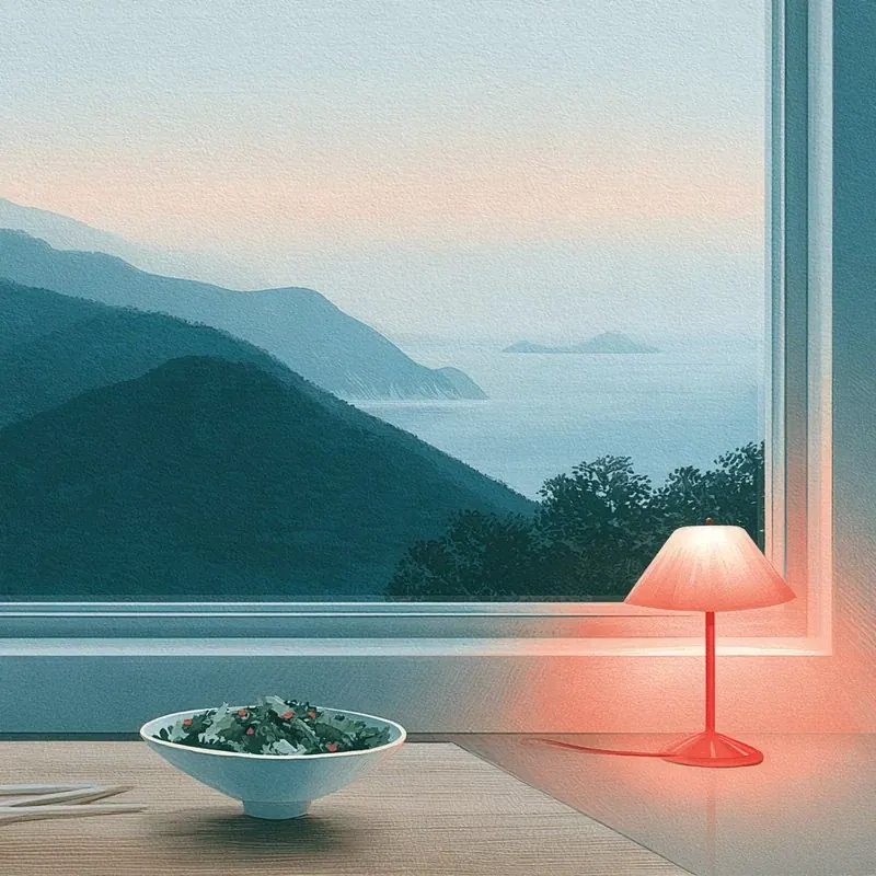 A bowl of salad and a warm lamp on a table by a window looking out on the hills.
