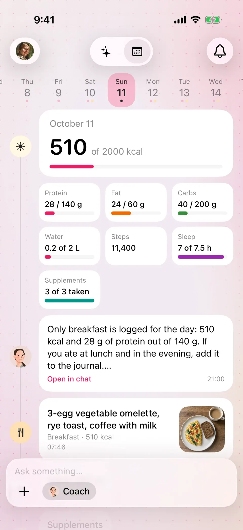 The AkMe journal for today, with the team's morning note at the top: today's plan and a line about last night.