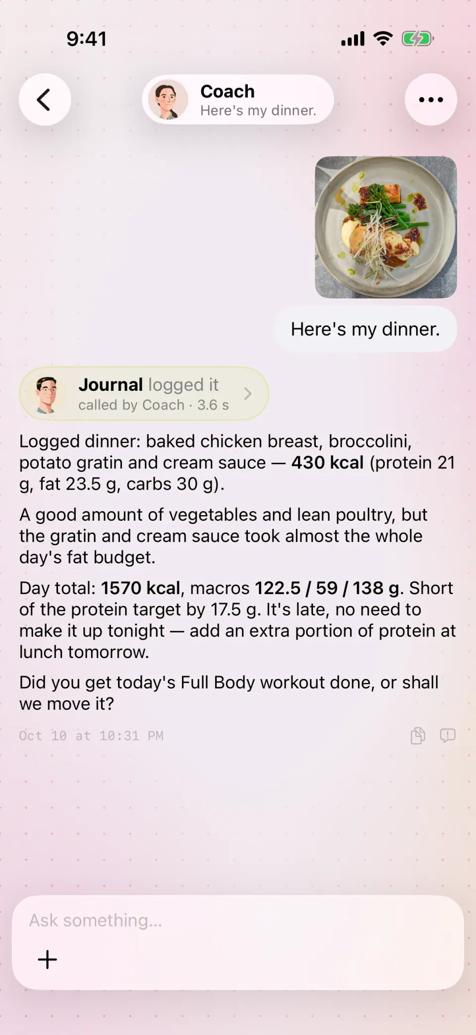 A chat with the team: a photo of a lunch plate, and the logged dish with calories, protein, fat and carbs.