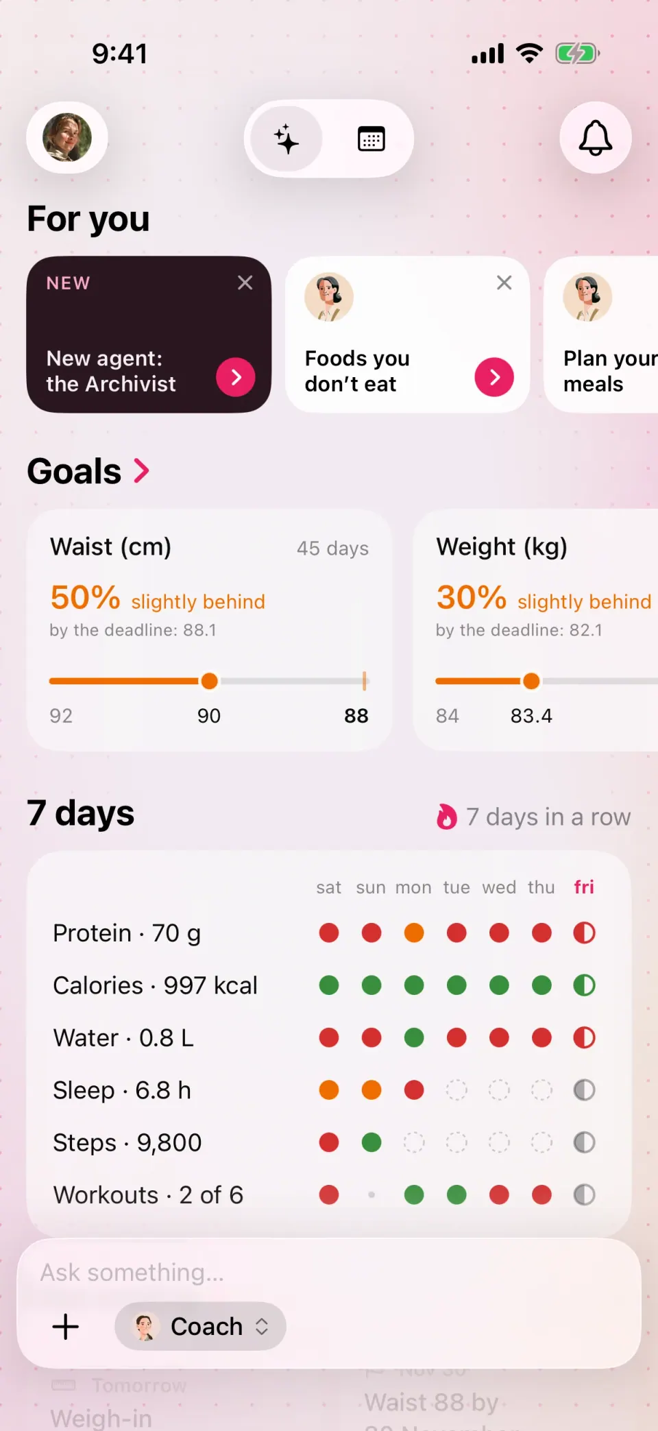 The home screen: today's calories, protein and water against your targets, and progress towards your goals.