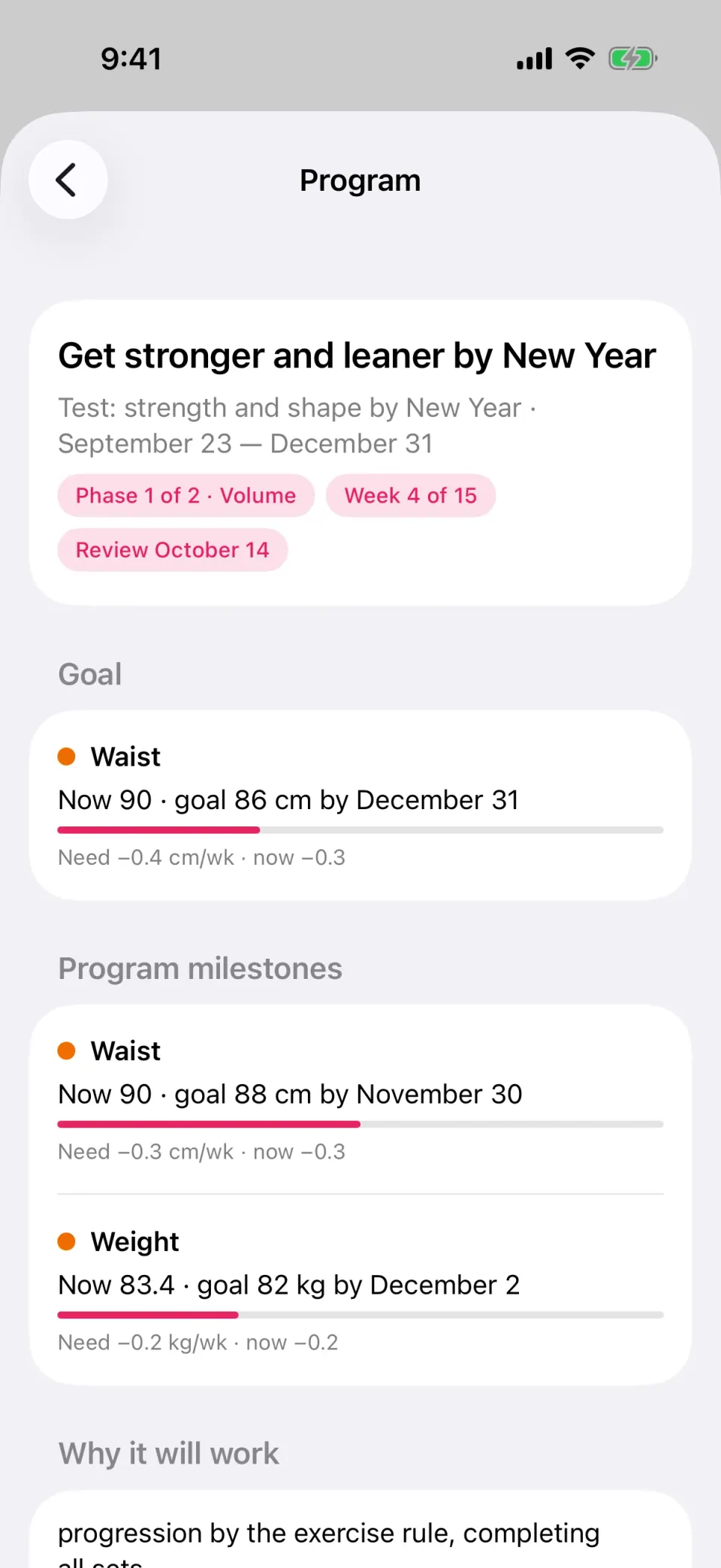 The program screen: the current phase, dated goals and daily targets.