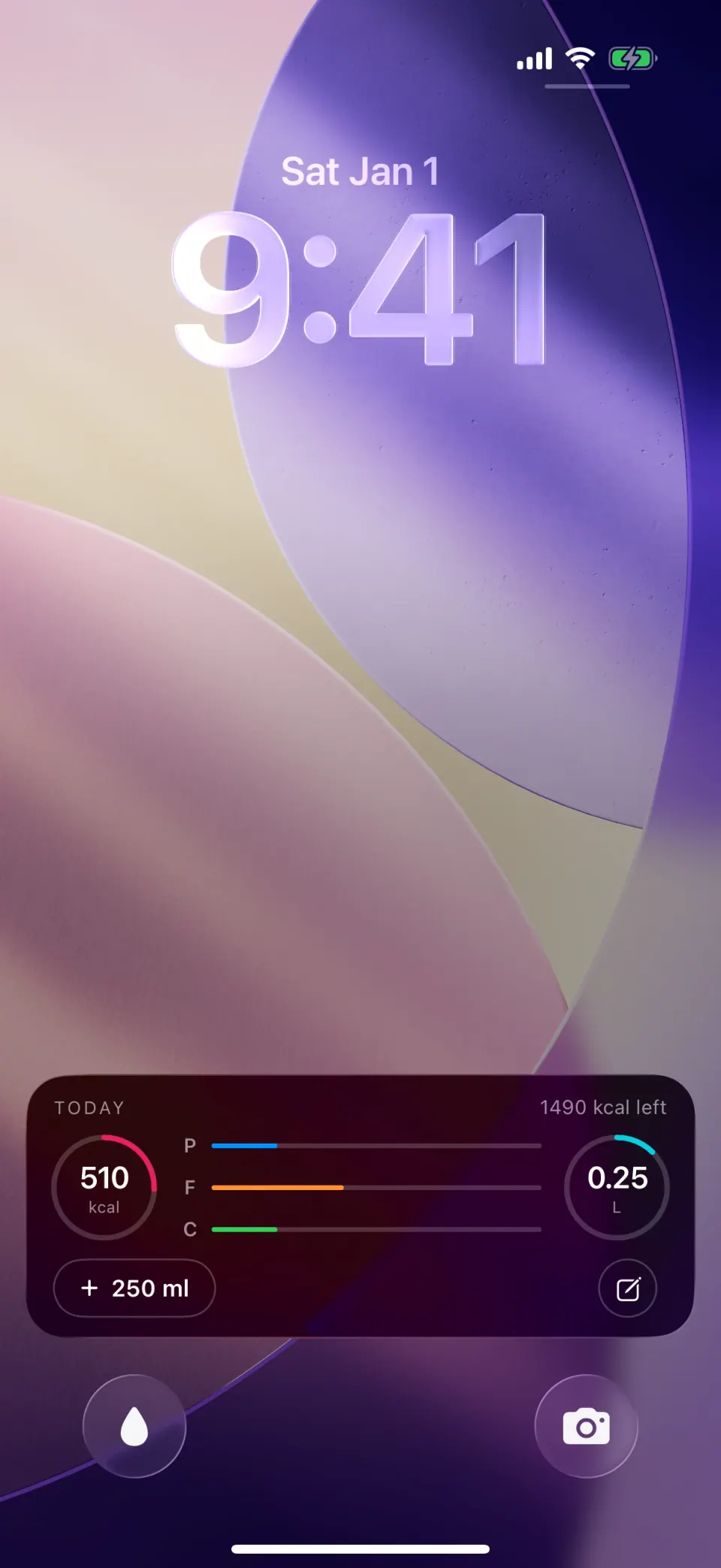 The iPhone Lock Screen with AkMe controls for logging a glass of water or a meal photo.