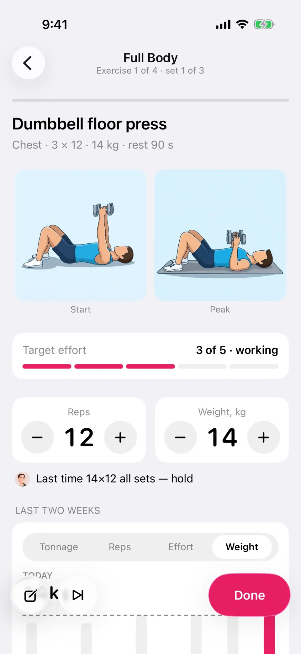 A dumbbell workout in progress: the exercise illustration, sets, weight and a rest timer.