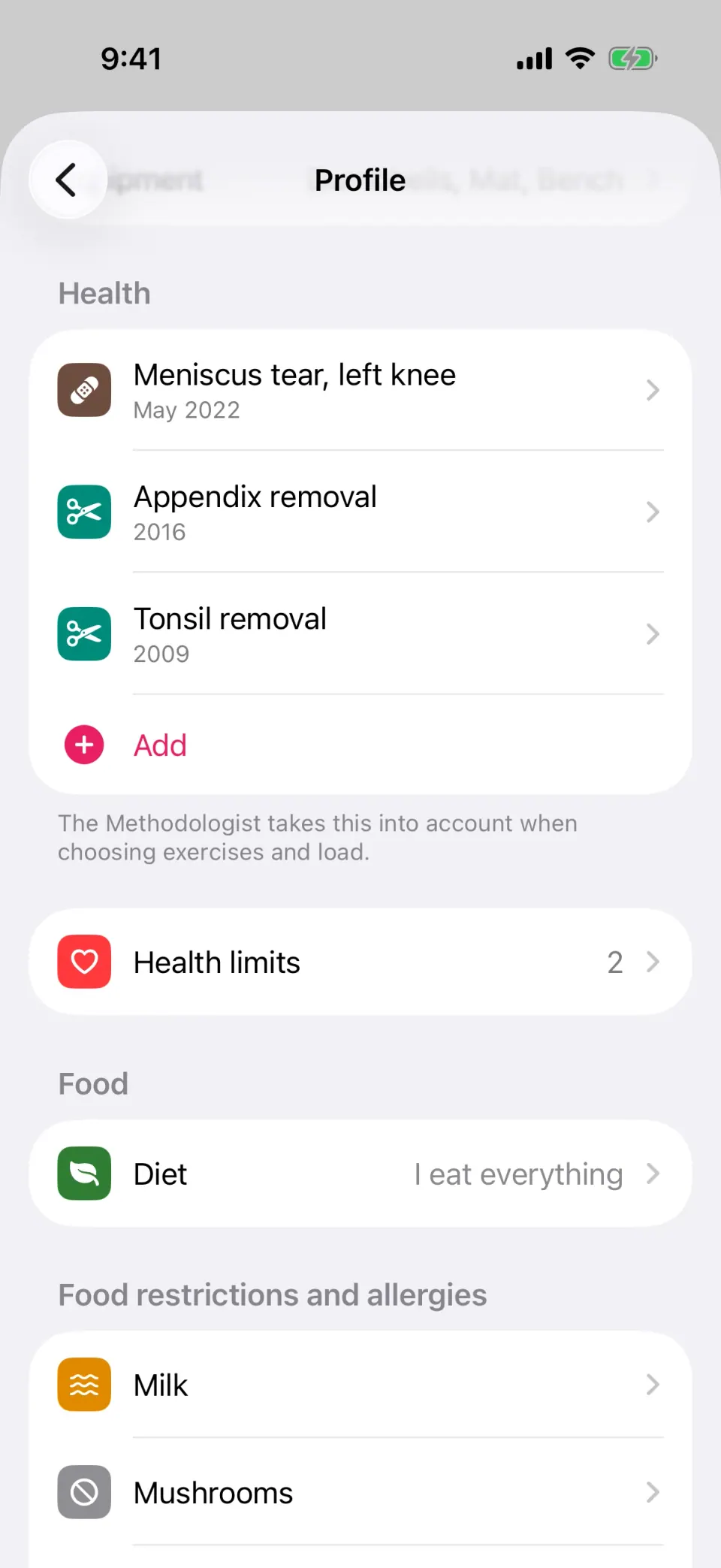 The Health section of the profile: surgeries and injuries with their dates, and an Add button.