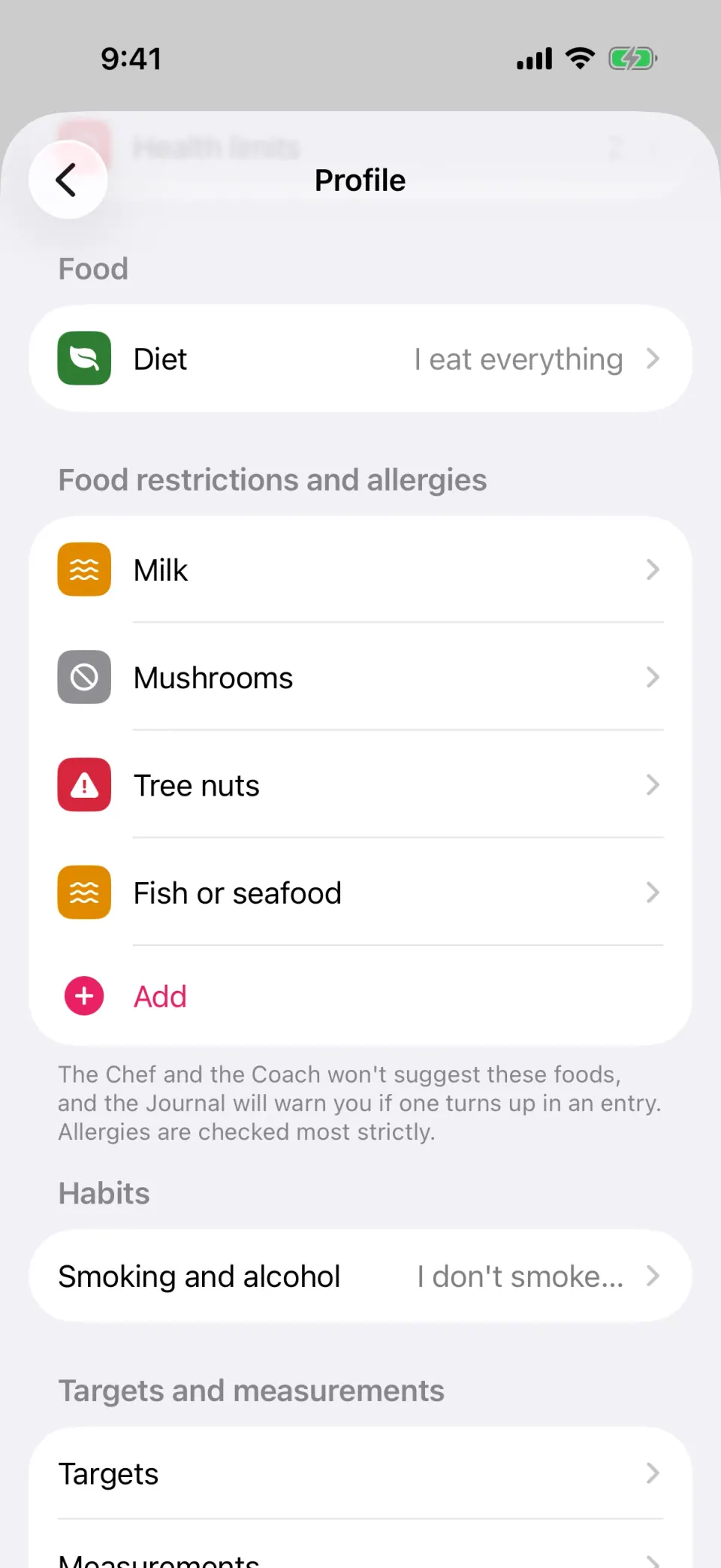 The Food restrictions and allergies section of the profile: an allergy, foods you don't eat and your chosen way of eating.