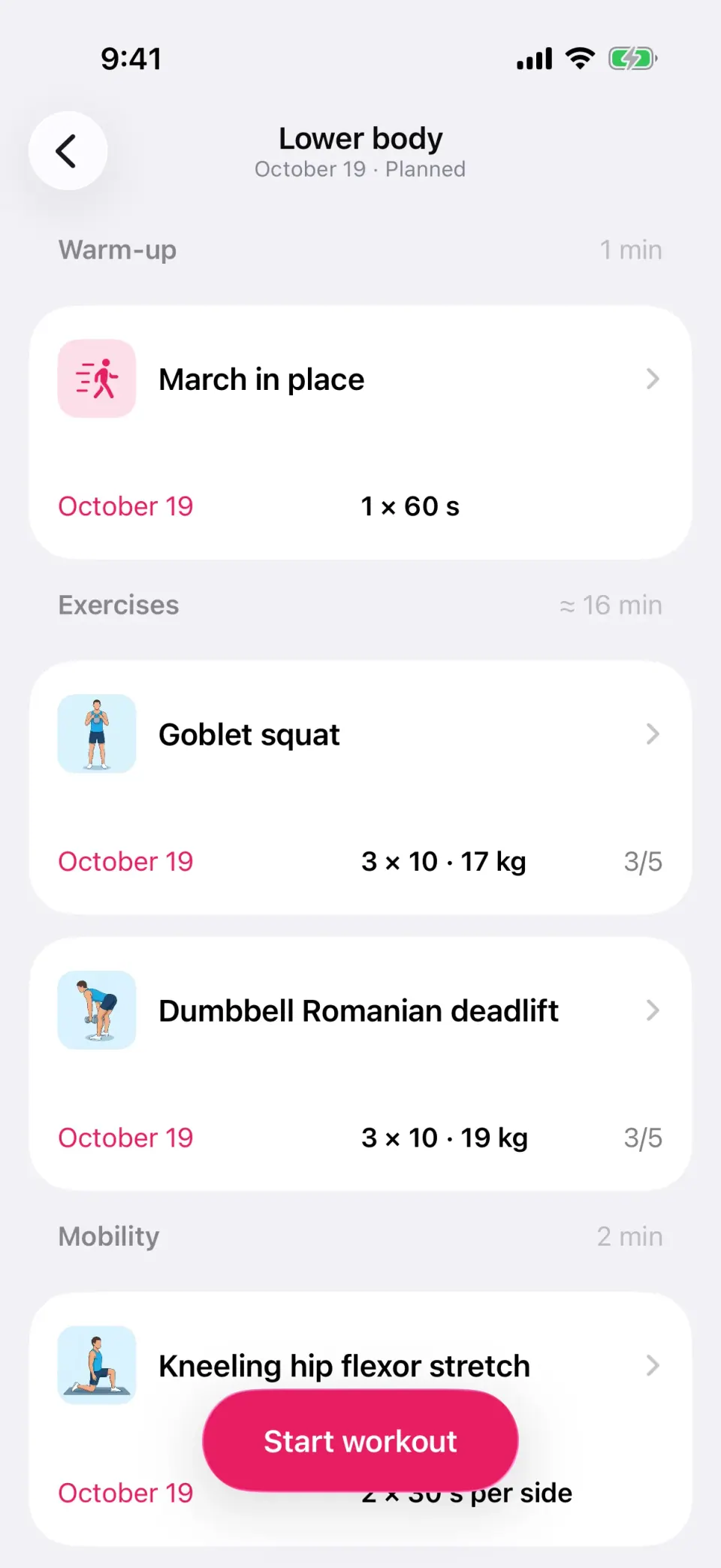A lower-body workout overview in sections — warm-up, exercises and mobility — with the time for each.