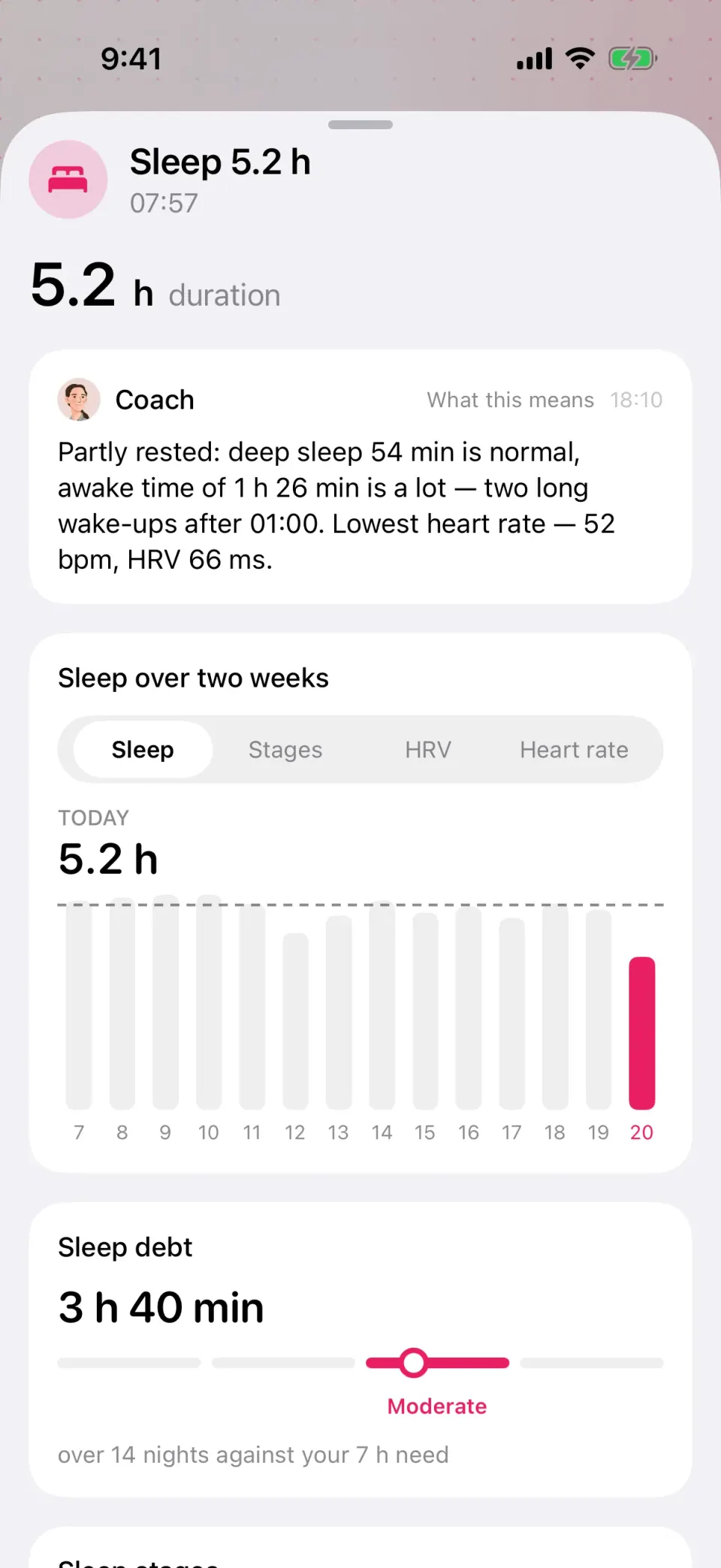 The night card: the Coach's take on last night at the top, sleep stages and overnight heart rate below.