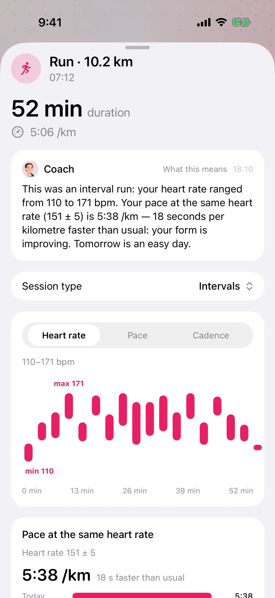 A run from the watch: the Coach's review with the session type, plus heart rate, pace and cadence charts.